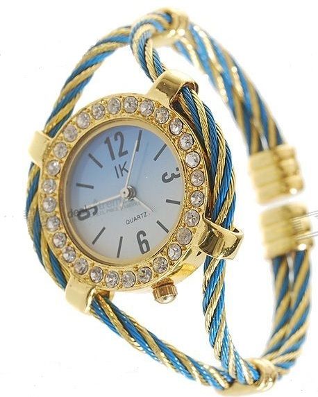 Relógio com bracelete dourado e azul  18648